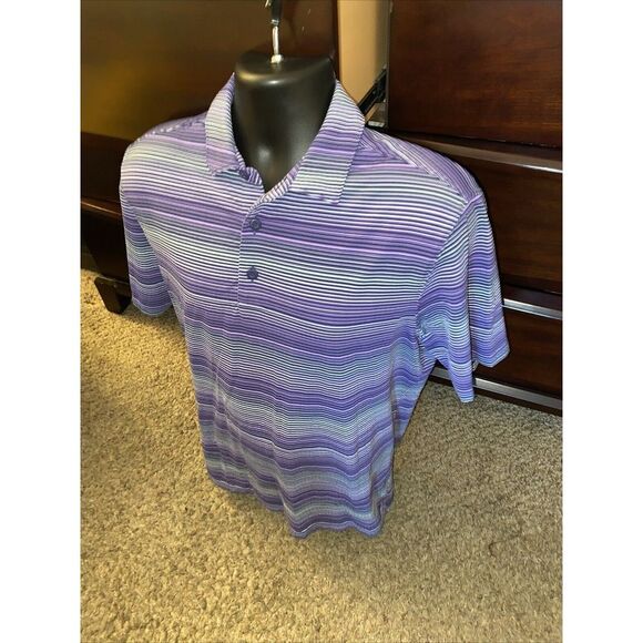 IBKUL Polo Mens‎ Size Medium Purple White Striped UPF 50+ Quick Dry - Picture 2 of 7